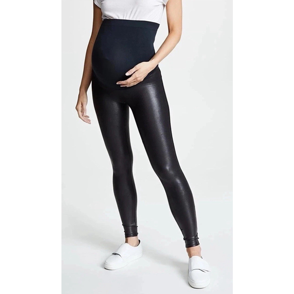 Spanx Mama Maternity Faux Leather High Waisted Leggings Very Black L Stretch